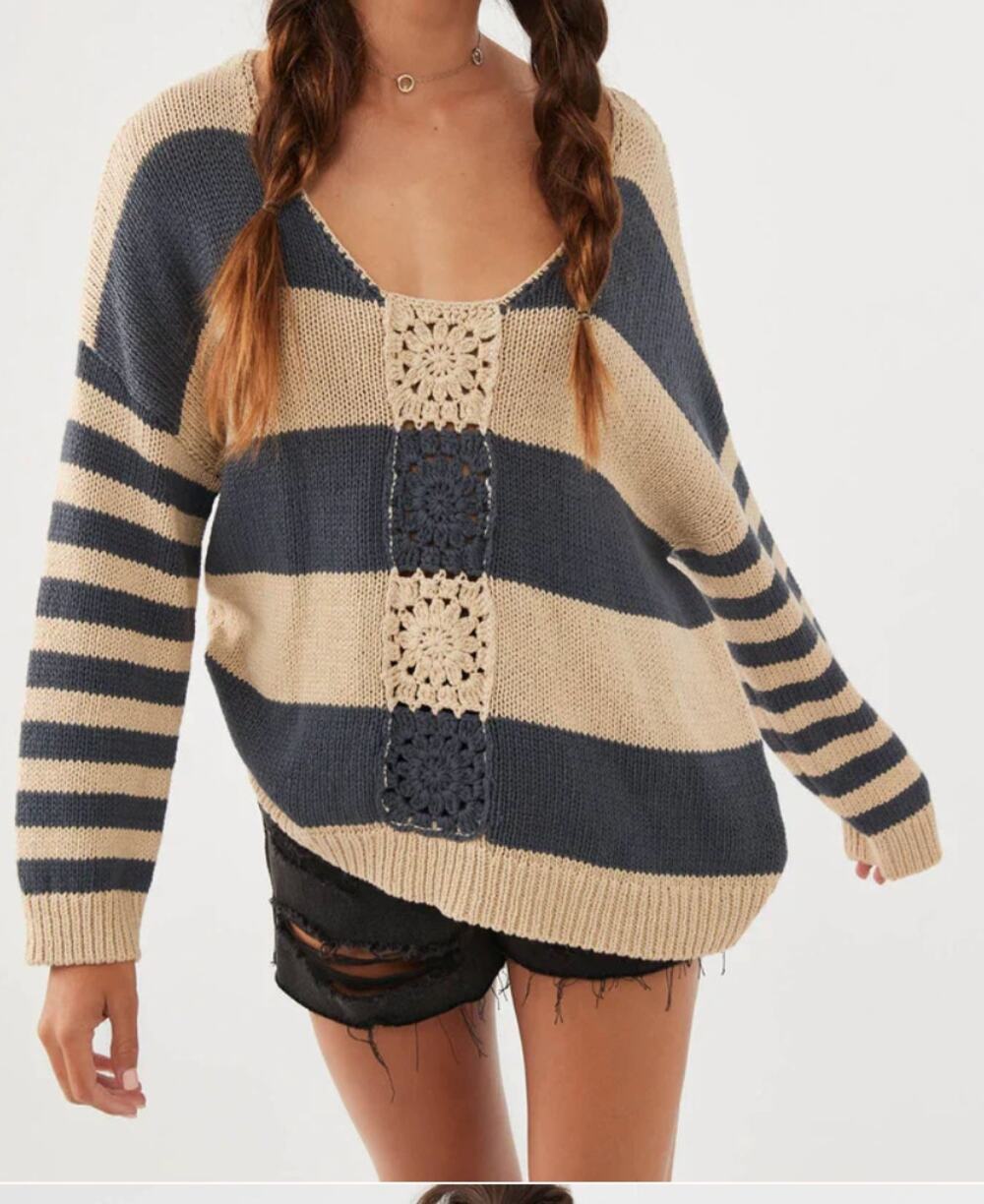 O'Neill Sand Dollar Boho Striped Oversized Knit Sweater Crochet Detail-Tan/Blue